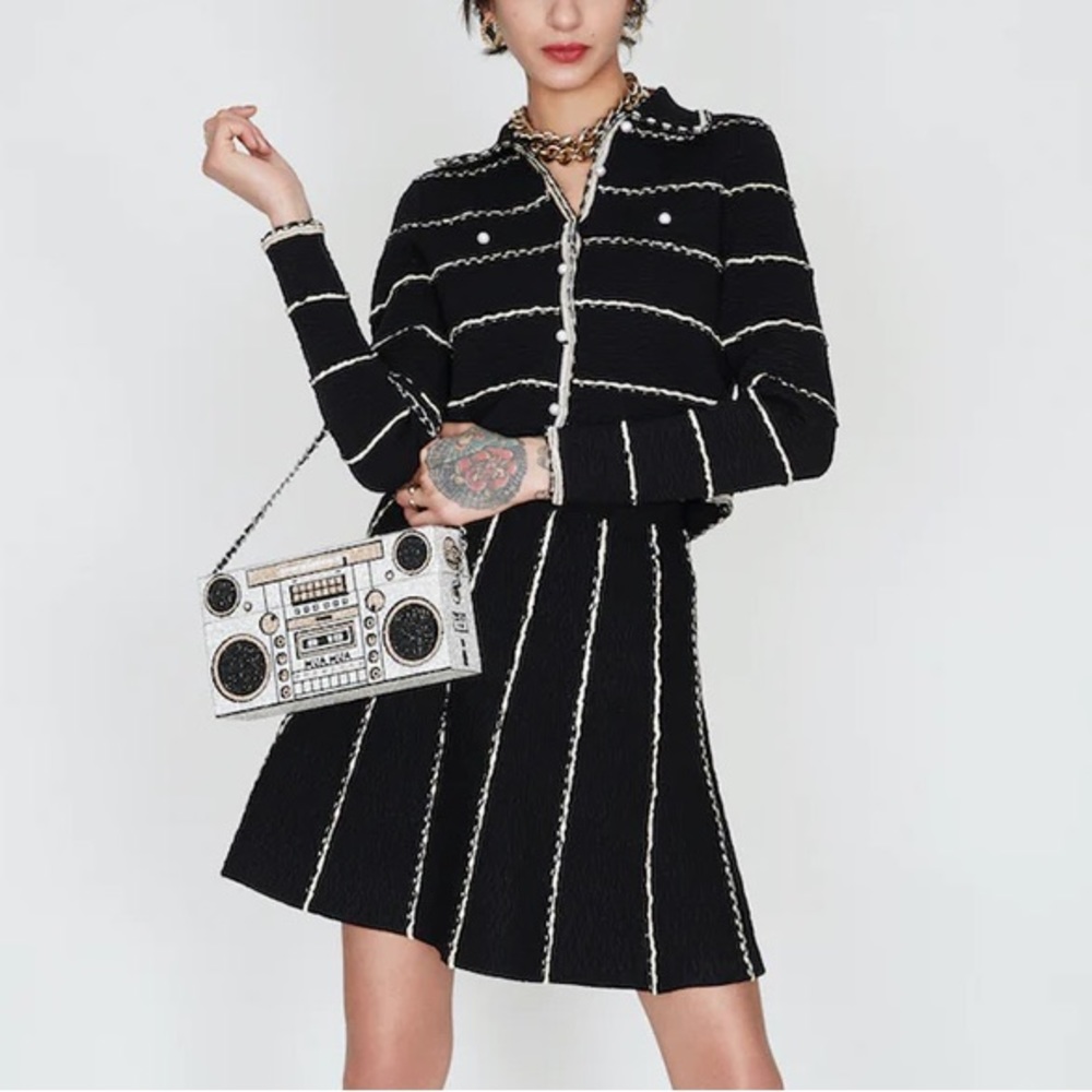 NWT Sandro Black Tweed Two-Piece Jacket & Skirt Set with Cream Trim - Picture 2 of 10